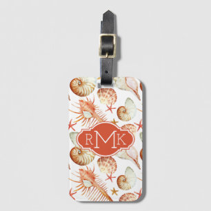 Coral With Shells & Crabs Pattern   Monogram Luggage Tag