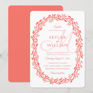 Coral Woodsy Wedding Living Coral Wreath Chic Invitation