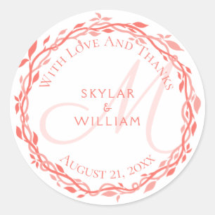 Coral Woodsy Wedding Monogram Love And Thanks Classic Round Sticker