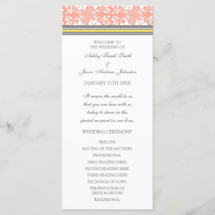 Coral Yellow Grey Damask Wedding Program