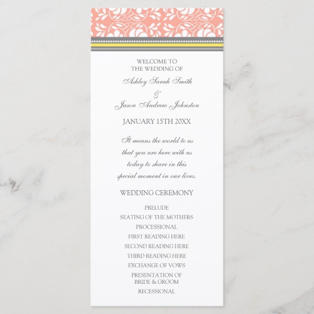 Coral Yellow Grey Damask Wedding Program (Front)