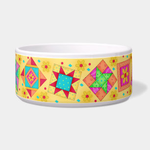 Coral Yellow Quilt Block Dog Food Bowl