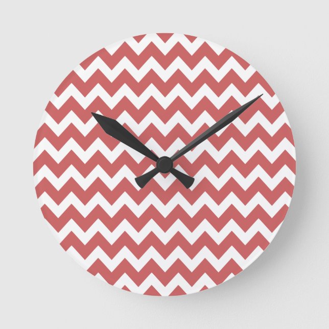 Coral Zigzag Chevron Stripes Round Clock (Front)