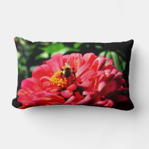 Coral zinnia with bumblebee lumbar cushion