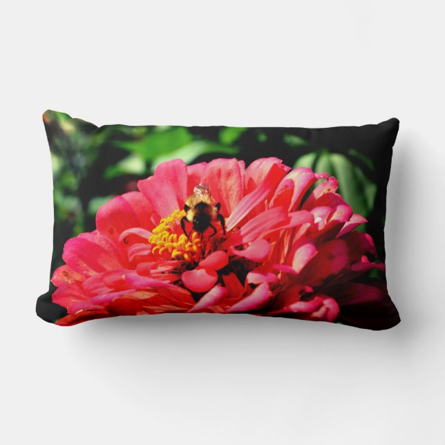 Coral zinnia with bumblebee lumbar cushion (Front)