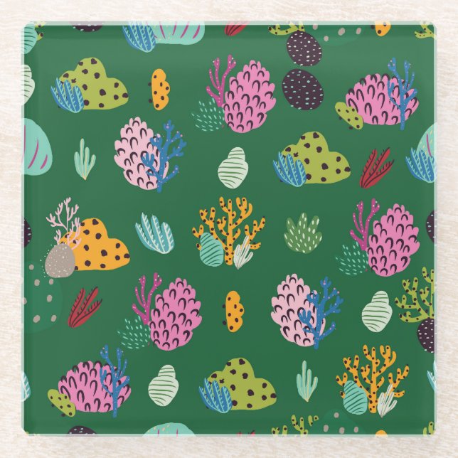 Corals & Sea Plants: Underwater Pattern Glass Coaster (Front)