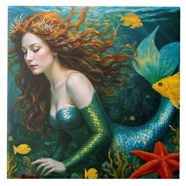 “Coralyn” – Beautiful Mystical Mermaid Ceramic Tile (Front)