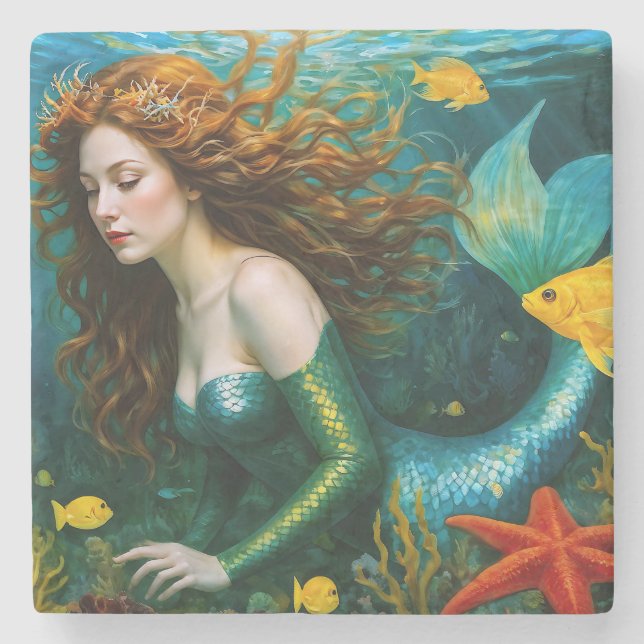 “Coralyn” – Beautiful Mystical Mermaid Stone Coaster (Front)