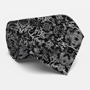 Corbata elegante negro con coral y hojas gris tie