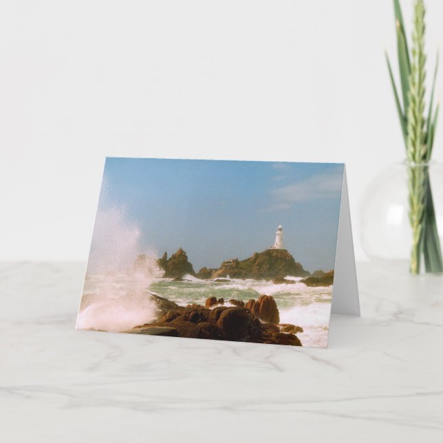 Corbiere Lighthouse in a winter storm Holiday Card (Front)