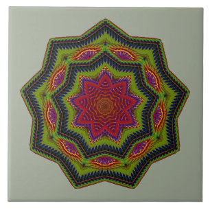 Corded Green And Red Mandala Star Ceramic Tile