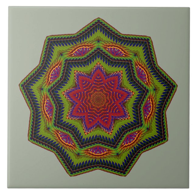 Corded Green And Red Mandala Star Ceramic Tile (Front)