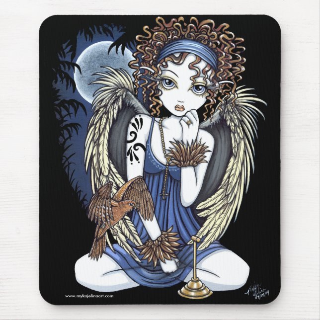 "Cordelia" Gothic Moon Oil Bird Angel Art Mousepad (Front)