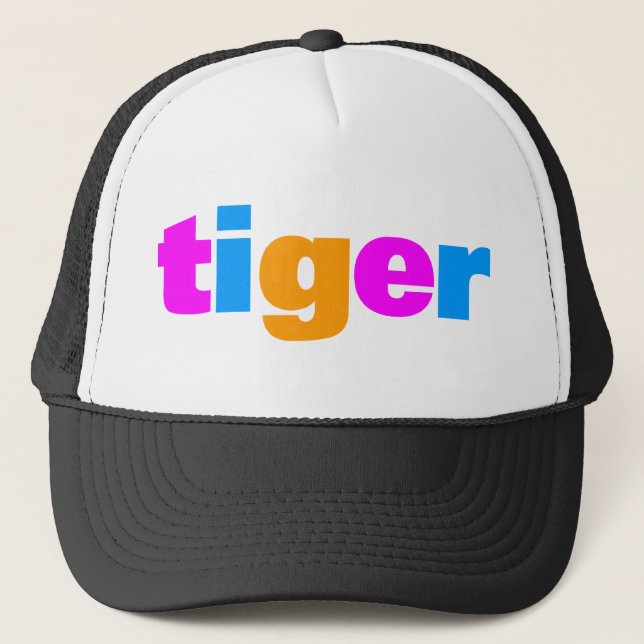 COREY TIGER 1980's RETRO MULTI COLOUR TEXT Trucker Hat (Front)