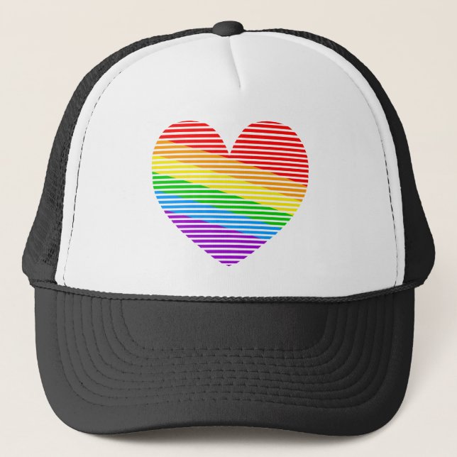 Corey Tiger 80s Rainbow Stripe Heart Trucker Hat (Front)