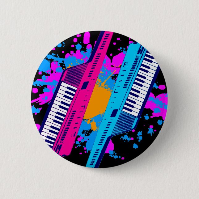 Corey Tiger 80's Retro Keytar Neon Splatter 6 Cm Round Badge (Front)