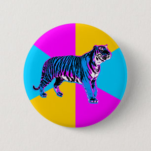 Corey Tiger 80s Retro Tiger & Neon Wedges 6 Cm Round Badge
