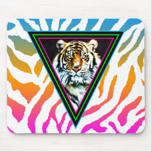 Corey Tiger 80s Vintage Neon Triangles Tiger Face Mouse Pad