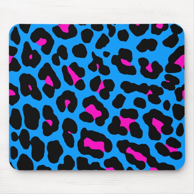 Corey Tiger Retro 1980s Blue Neon Leopard Mousepad (Front)