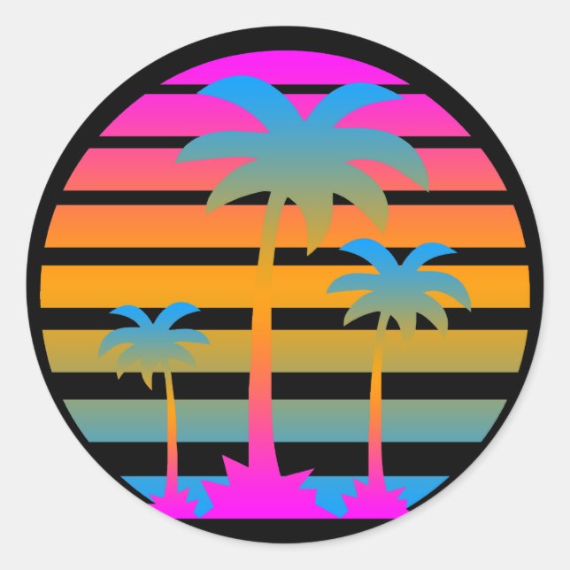 COREY TIGER RETRO SUNSET PALM TREES CLASSIC ROUND STICKER (Front)
