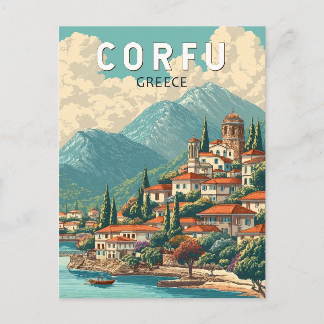 Corfu Greece Illustration Travel Art Vintage Postcard (Front)