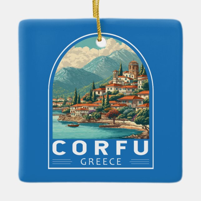 Corfu Greece Travel Art Emblem Ceramic Ornament (Front)
