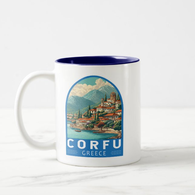Corfu Greece Travel Art Emblem Two-Tone Coffee Mug (Left)