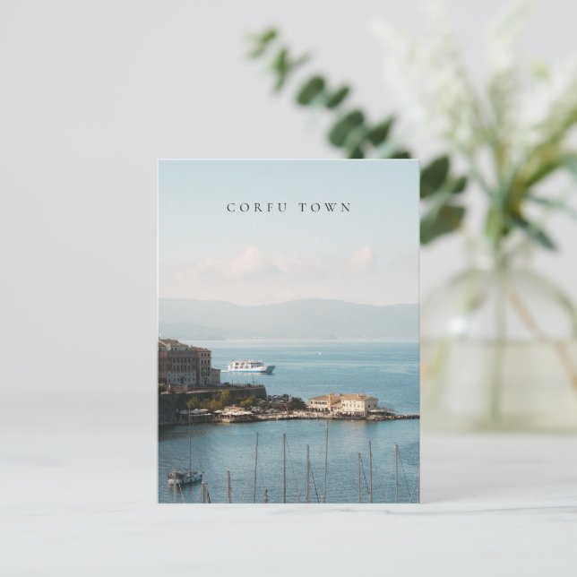 Corfu Town Harbor View Postcard (Standing Front)
