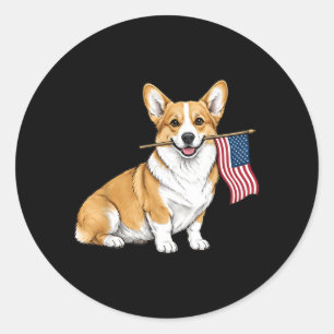 Corgi Aamerican Flag Funny Dog Holding Usa Flag Classic Round Sticker