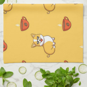 Corgi And Coffee Pattern Tea Towel