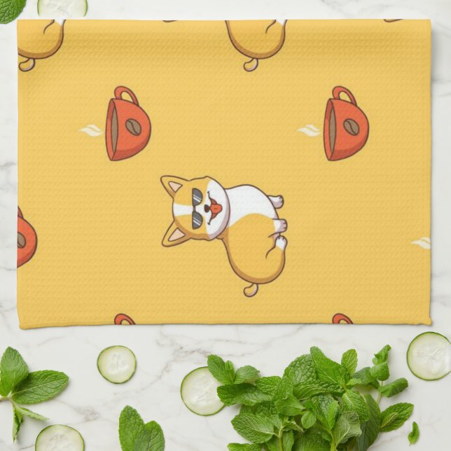 Corgi And Coffee Pattern Tea Towel (Folded)