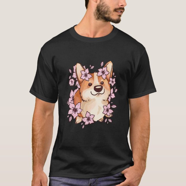 Corgi and   corgi with sakura and cherry blossom T-Shirt (Front)