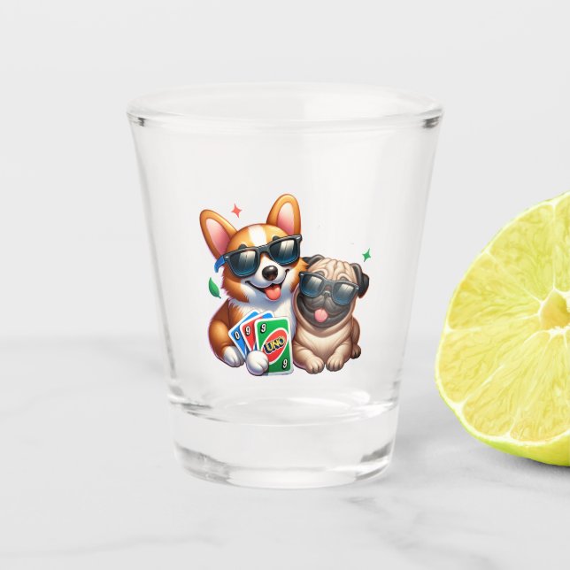 Corgi and Pug Uno Card Game Shot Glass (Front)