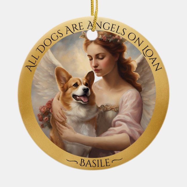 Corgi Angel Personalised Memorial  Ceramic Ornament (Front)