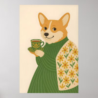 Corgi Art Print, Coffee, Floral Green Jacket, Dog