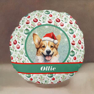 Corgi Art with Santa Hat and Christmas Pattern Round Cushion
