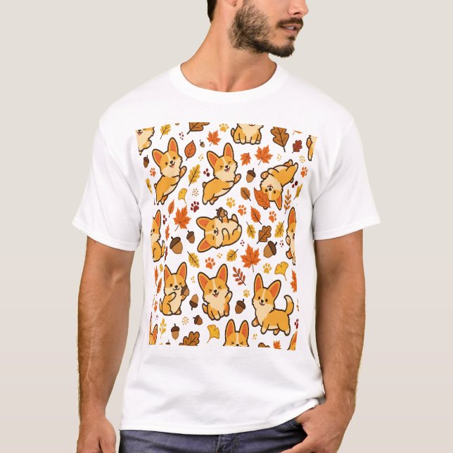 Corgi Autumn Leaves Fall Pattern T-Shirt (Front)