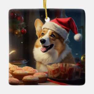 Corgi Baking Christmas Cookies Ceramic Ornament