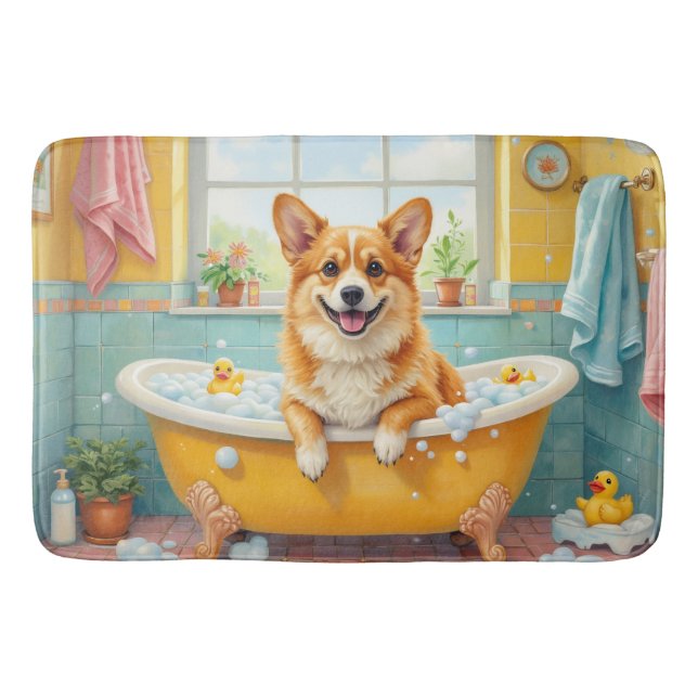 Corgi Bath Time Happy Bathroom Decor Mat (Front)