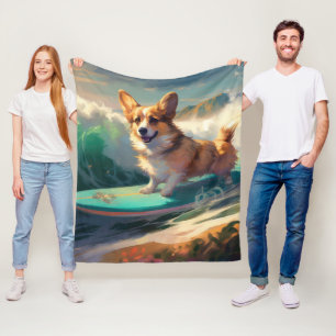 Corgi  Beach Surfing Painting  Fleece Blanket
