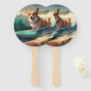 Corgi  Beach Surfing Painting  Hand Fan