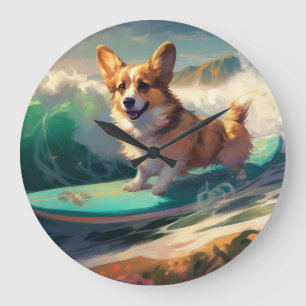 Corgi  Beach Surfing Painting  Large Clock