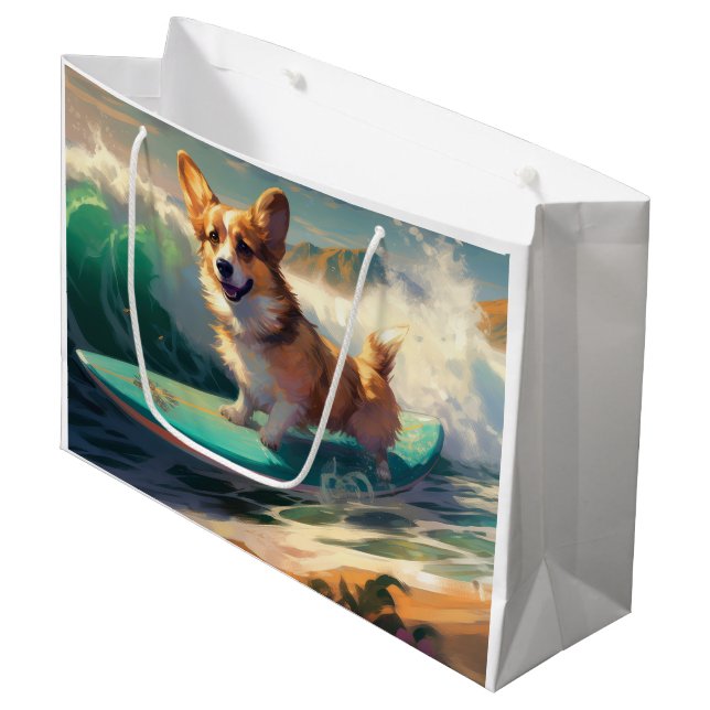 Corgi  Beach Surfing Painting  Large Gift Bag (Front Angled)