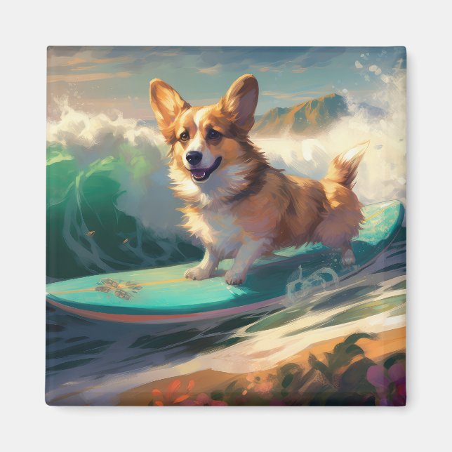 Corgi  Beach Surfing Painting  Magnet (Front)