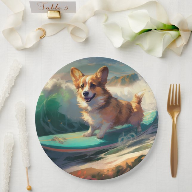 Corgi  Beach Surfing Painting  Paper Plate (Wedding)