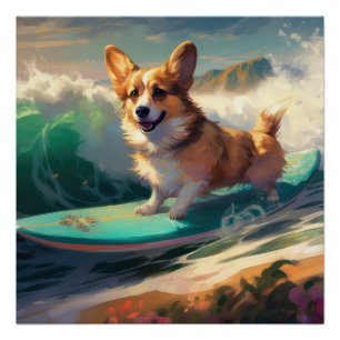 Corgi  Beach Surfing Painting  Poster