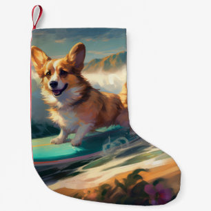 Corgi  Beach Surfing Painting  Small Christmas Stocking