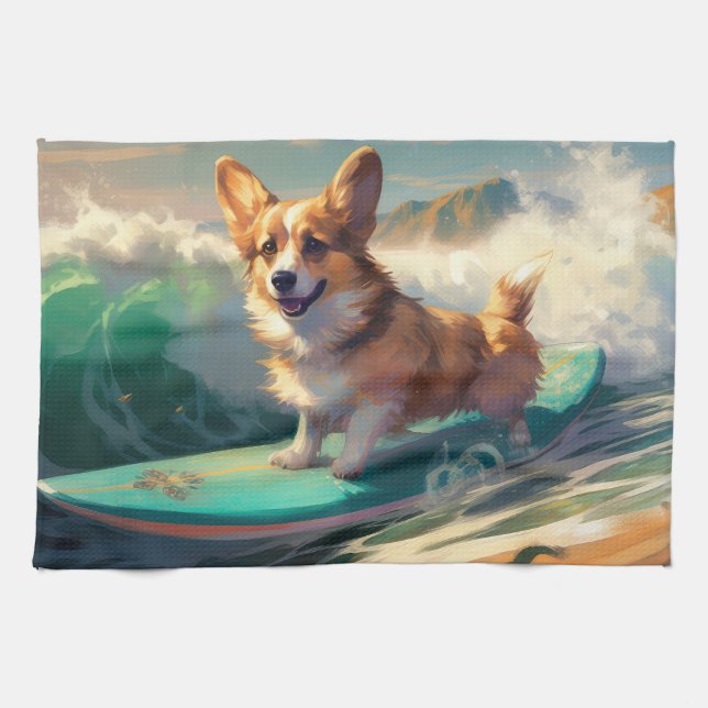 Corgi  Beach Surfing Painting  Tea Towel (Horizontal)