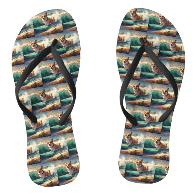 Corgi  Beach Surfing Painting  Thongs (Footbed)