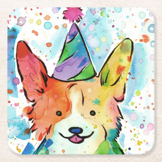 Corgi Birthday Party Square Paper Coaster (Front)